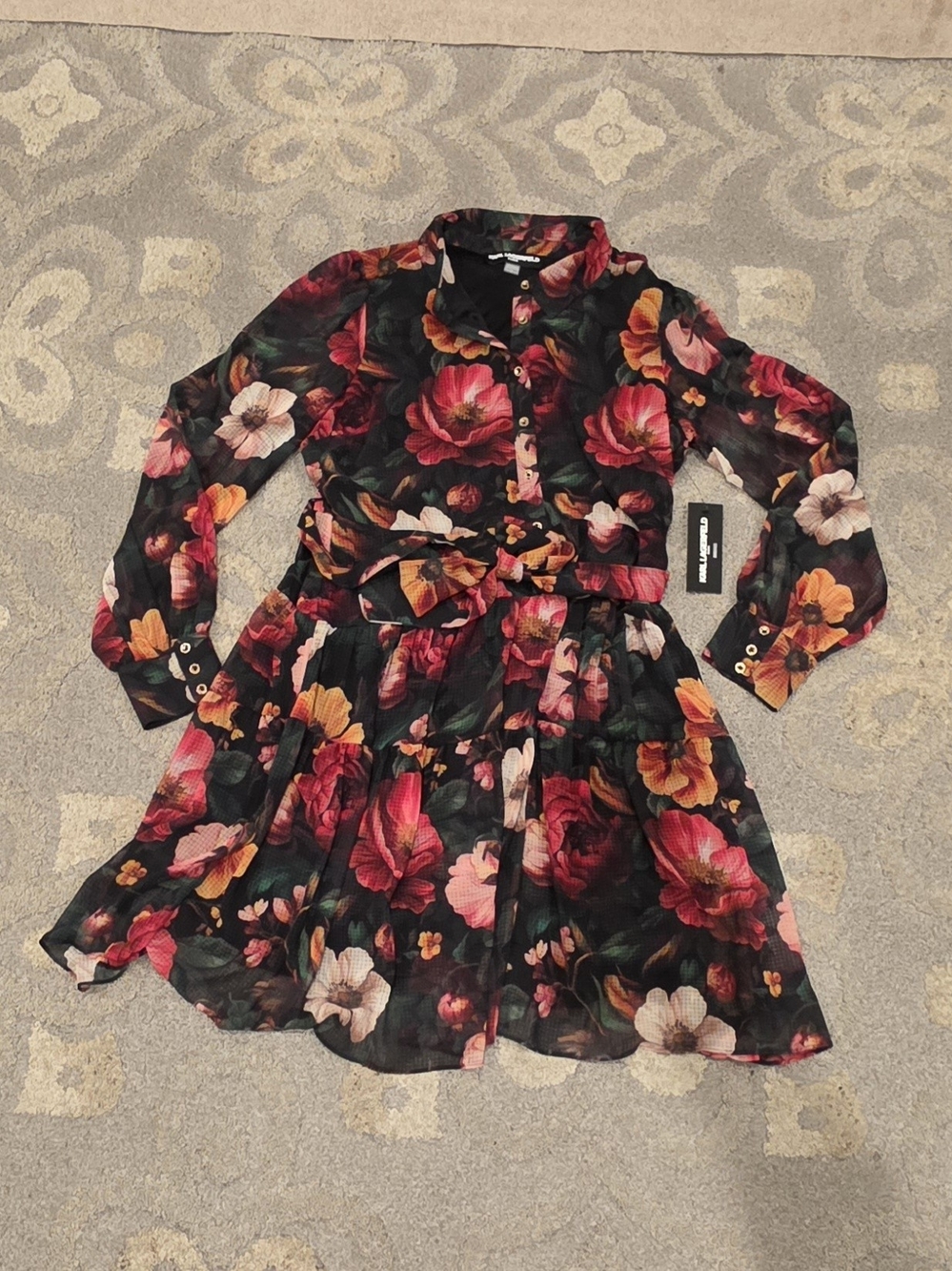 Karl Lagerfeld Paris Women’s Black Floral Chiffon Shirt Dress Belted Size 14 - L